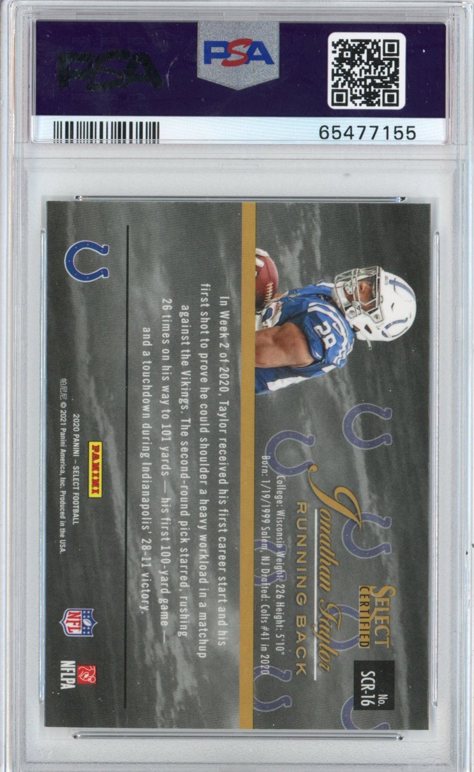 Graded 2020 Panini Select Jonathan Taylor #SCR16 Certified Rookie RC Football Card PSA 10 Gem Mint