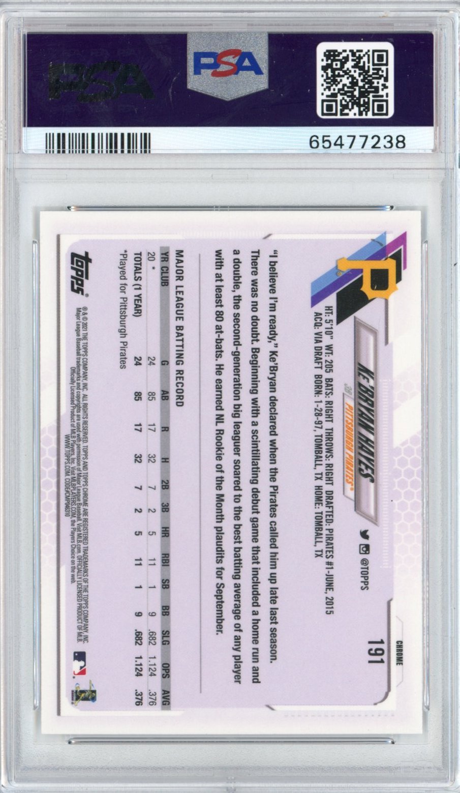 Graded 2021 Topps Chrome Ke'Bryan Hayes #191 Rookie RC Baseball Card PSA 9 Mint