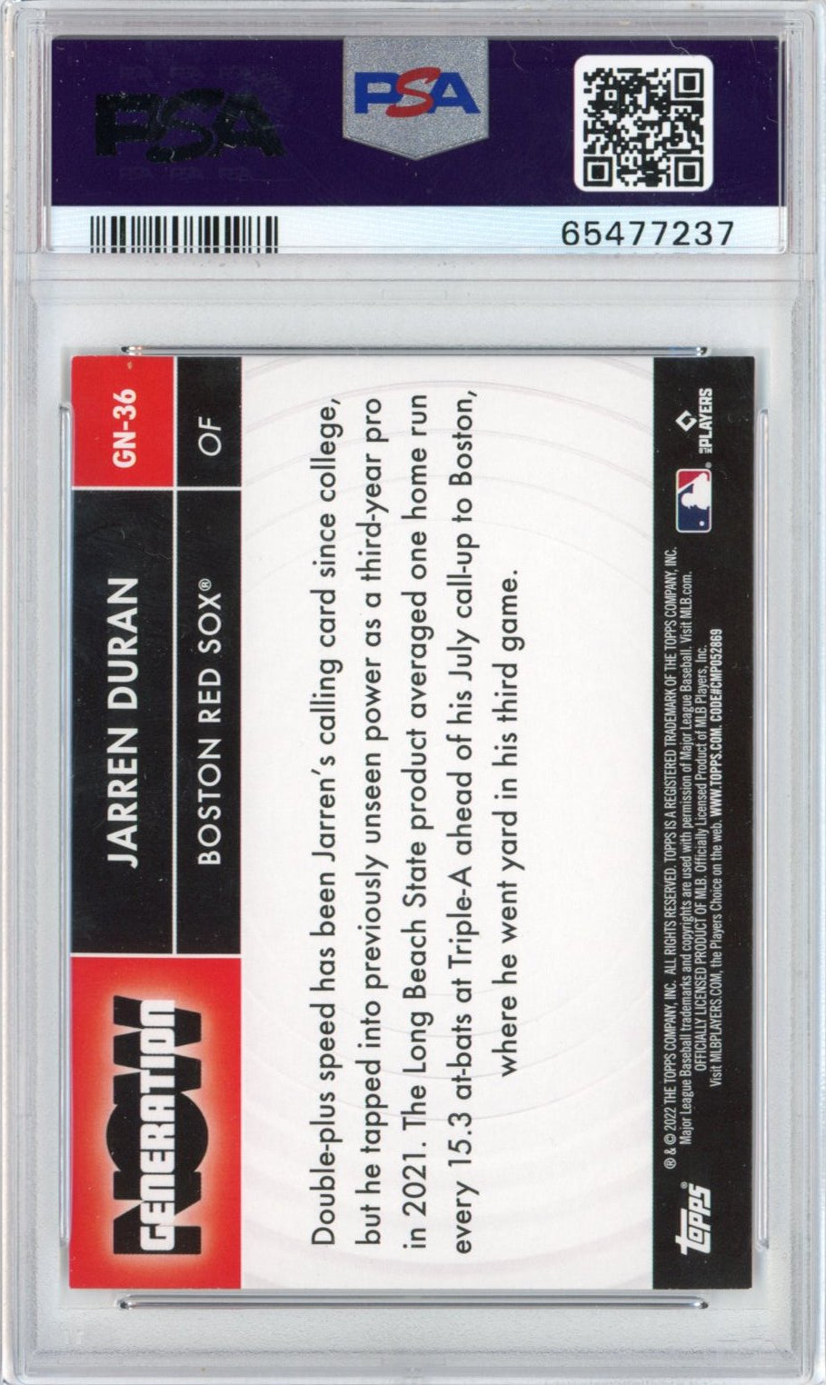 Graded 2022 Topps Jarren Duran #GN36 Generation Now Series 2 Rookie RC Baseball Card PSA 9 Mint