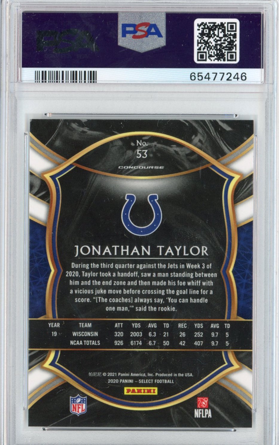 Graded 2020 Panini Select Jonathan Taylor #53 Rookie RC Football Card PSA 10 Gem Mint