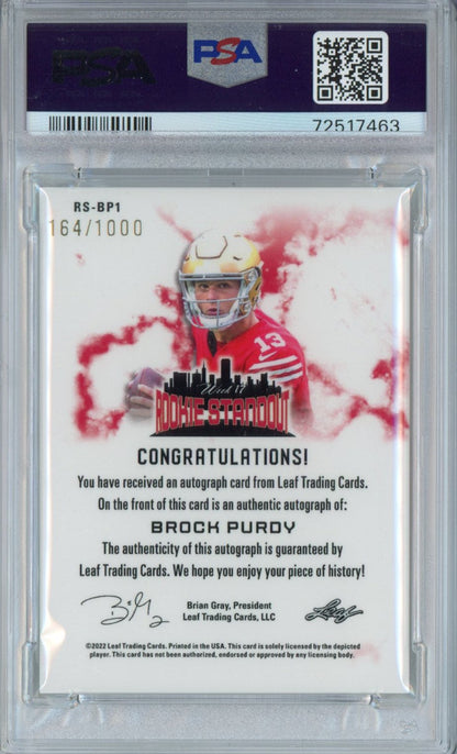 Graded 2023 Leaf Web Exclusives Standouts Brock Purdy #BP1 Autographed #/1000 Rookie RC Football Card PSA/DNA 9 Mint Auto Grade 10