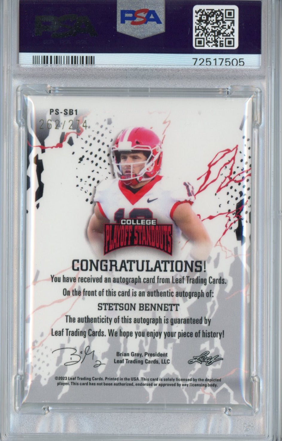 Graded 2023 Leaf College Playoff Standouts Stetson Bennett #SB1 Autographed  #/274 Rookie RC Football Card PSA/DNA 10 Gem Mint Auto Grade 9