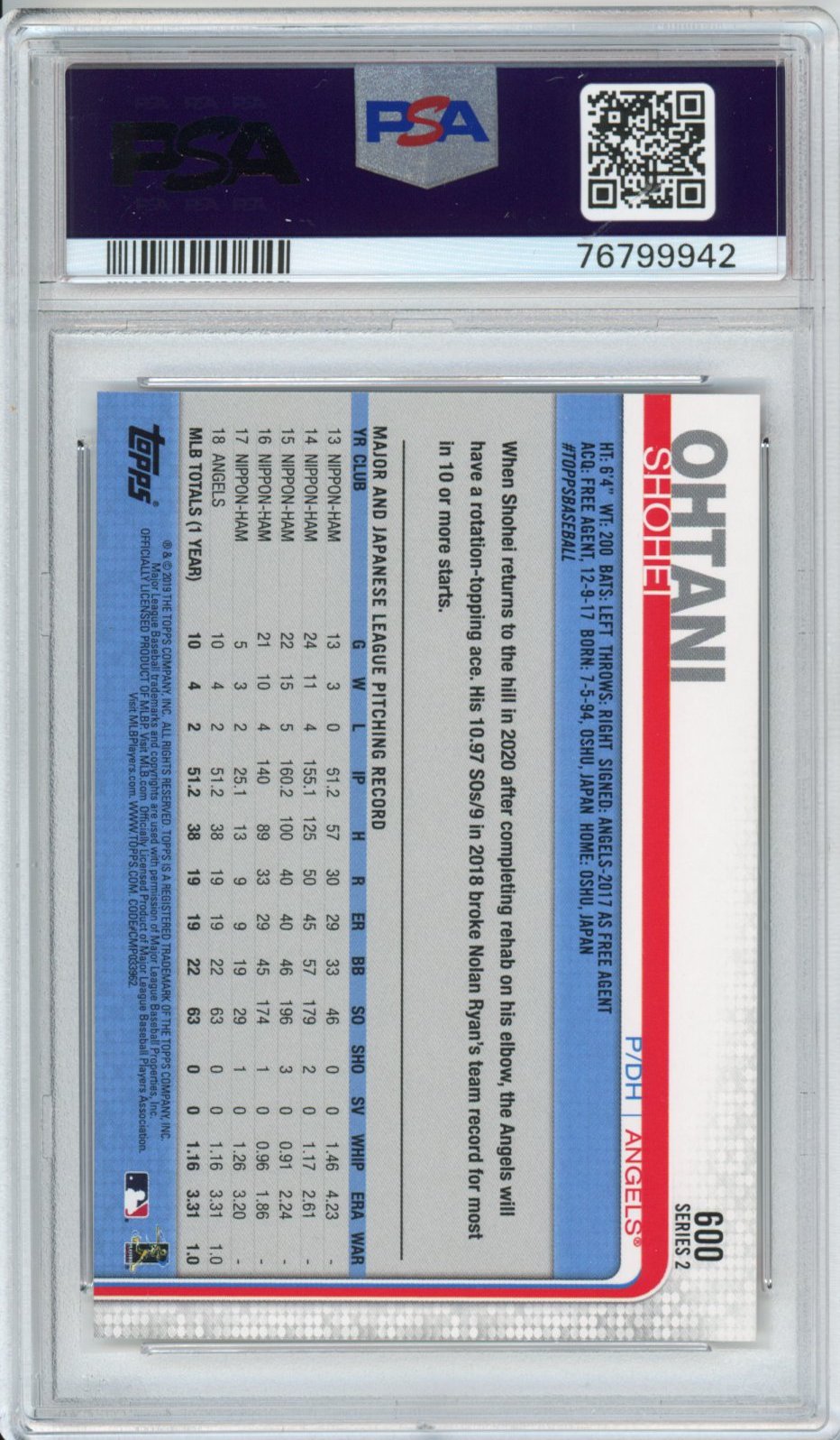 Graded 2019 Topps Shohei Ohtani #600 Rookie Cup RC Baseball Card PSA 9 Mint