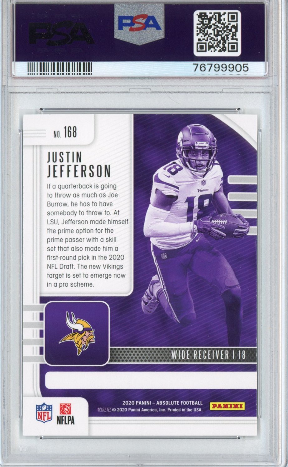 Graded 2020 Panini Absolute Justin Jefferson #168 Blue Rookie RC Football Card PSA 9 Mint
