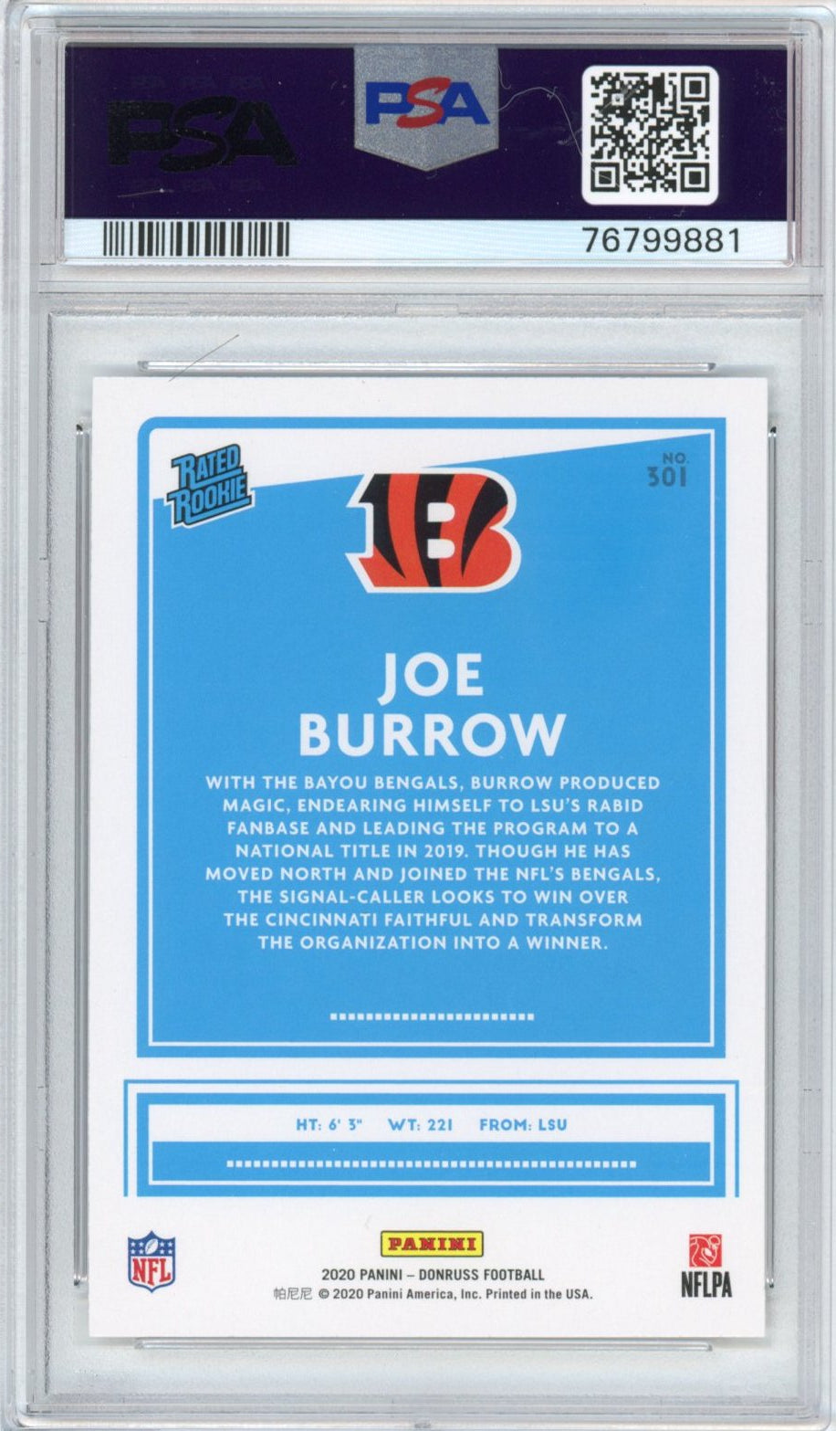 Graded 2020 Panini Donruss Joe Burrow #301 Rookie RC Football Card PSA 9 Mint