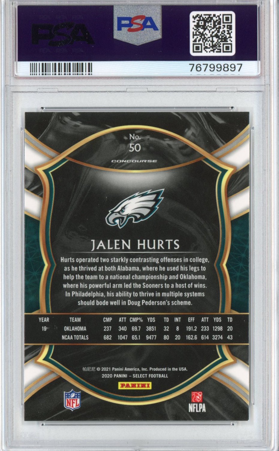 Graded 2020 Panini Select Jalen Hurts #50 Rookie RC Football Card PSA 9 Mint
