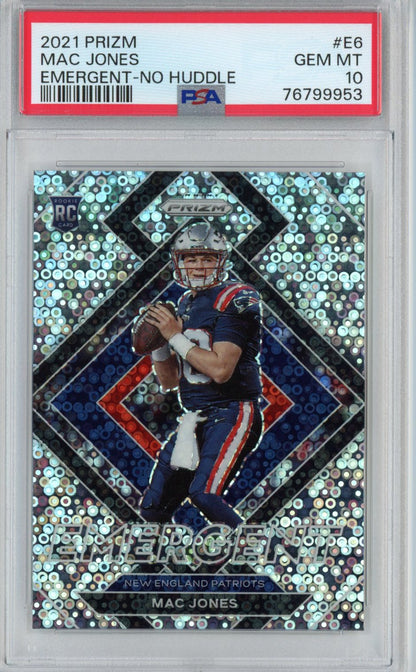Graded 2021 Panini Prizm Mac Jones #E6 Emergent No Huddle Rookie RC Football Card PSA 10 Gem Mint