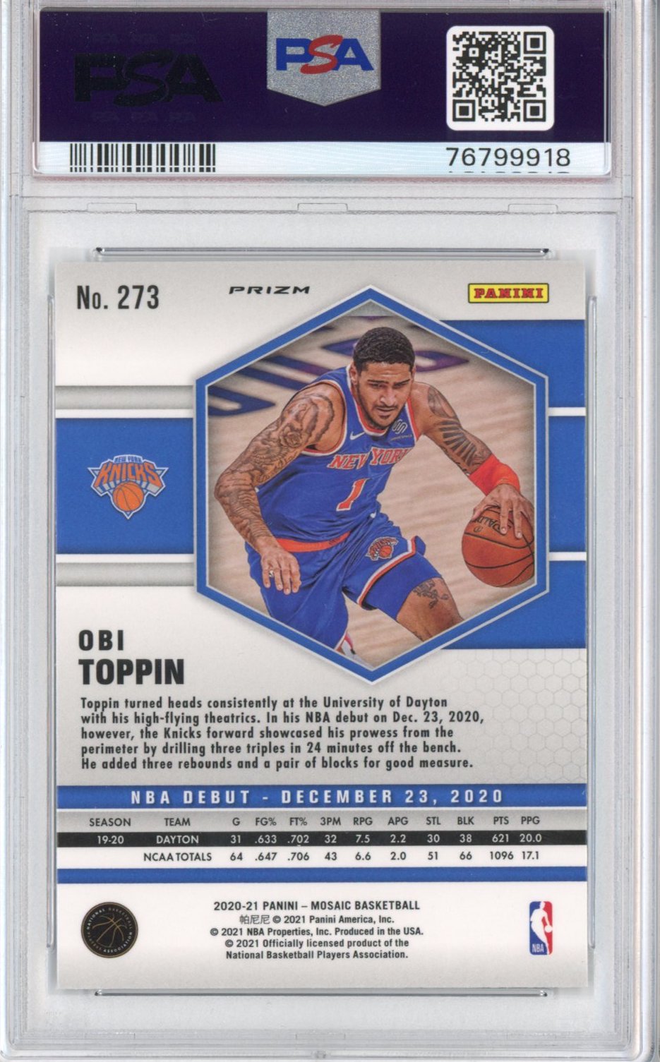Graded 2020-21 Panini Mosaic Obi Toppin #273 Green Rookie RC Basketball Card PSA 10 Gem Mint