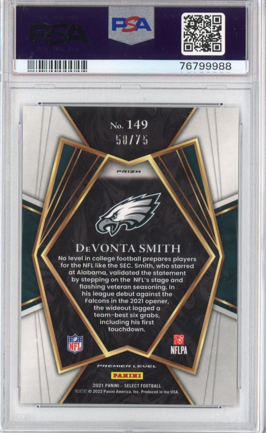 Graded 2021 Panini Select Devonta Smith #149 #/75 Purple Prizm Premier Level Rookie RC Football Card PSA 10