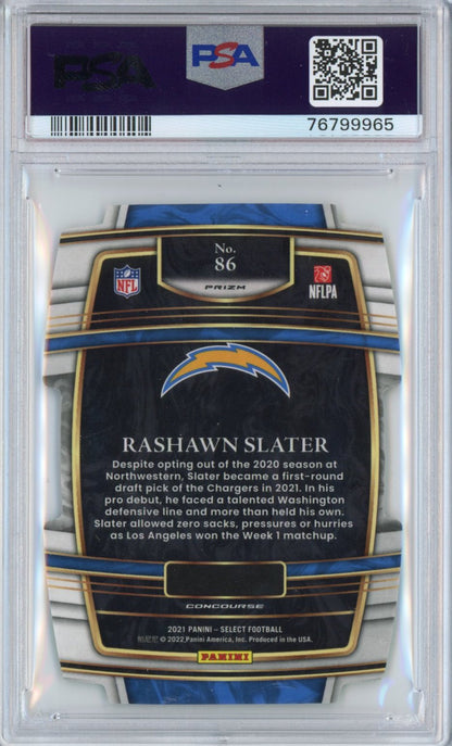 Graded 2021 Panini Select Rashawn Slater #86 Die-Cut Green/Yellow Prizm Concourse Rookie RC Football Card PSA 10 Gem Mint