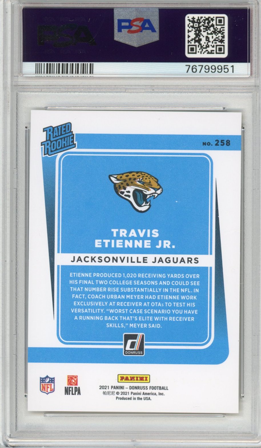 Graded 2021 Panini Donruss Travis Etienne Jr. #258 Press Proof Premium Rated Rookie RC Football Card PSA 10 Gem Mint