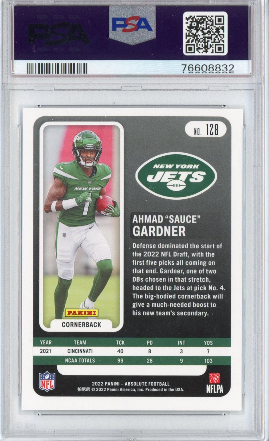 Graded 2022 Panini Absolute Ahmad Sauce Gardner #128 Green Rookie RC Football Card PSA 10 Gem Mint