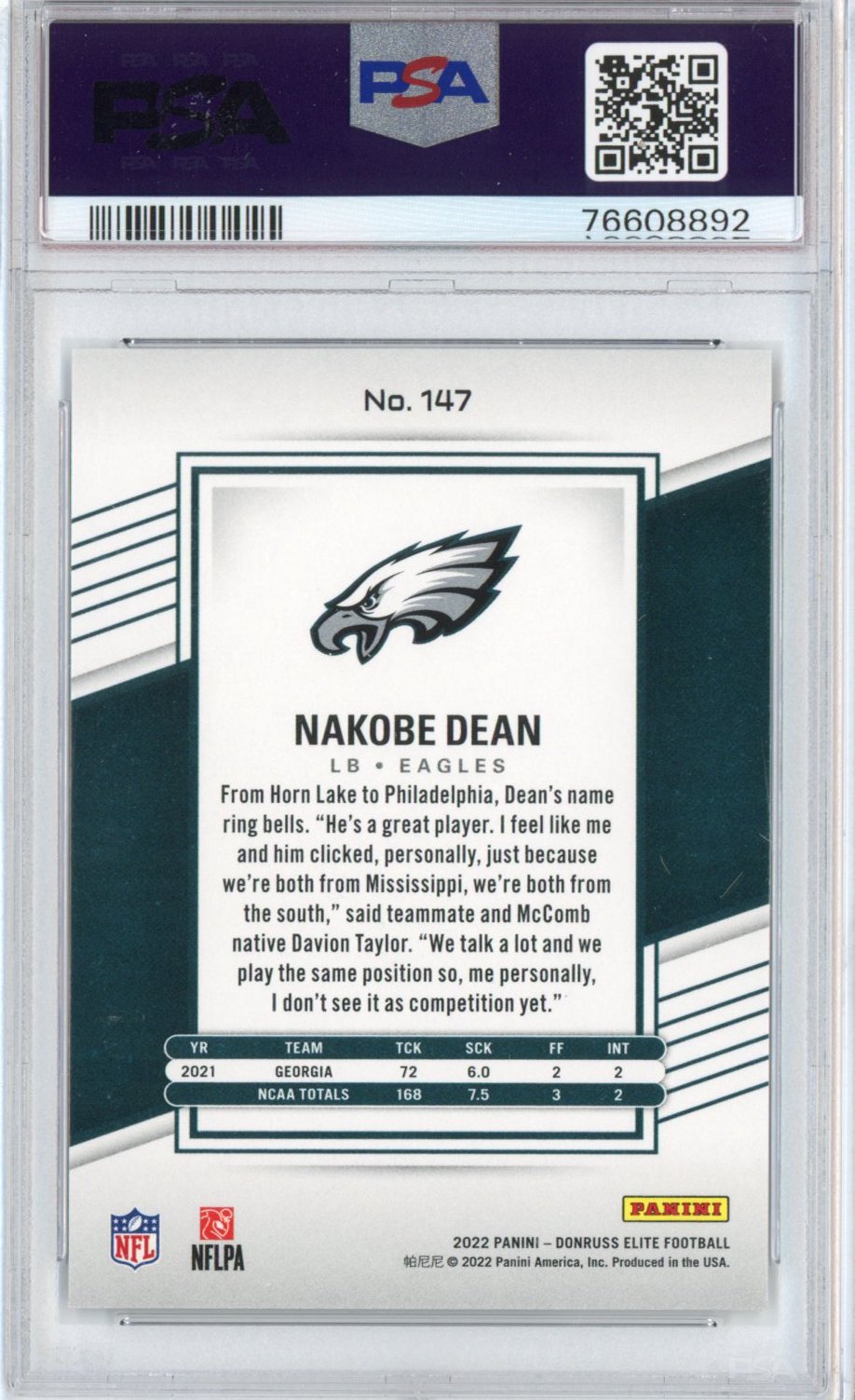 Graded 2022 Panini Donruss Elite Nakobe Dean #147 Rookie RC Football Card PSA 10