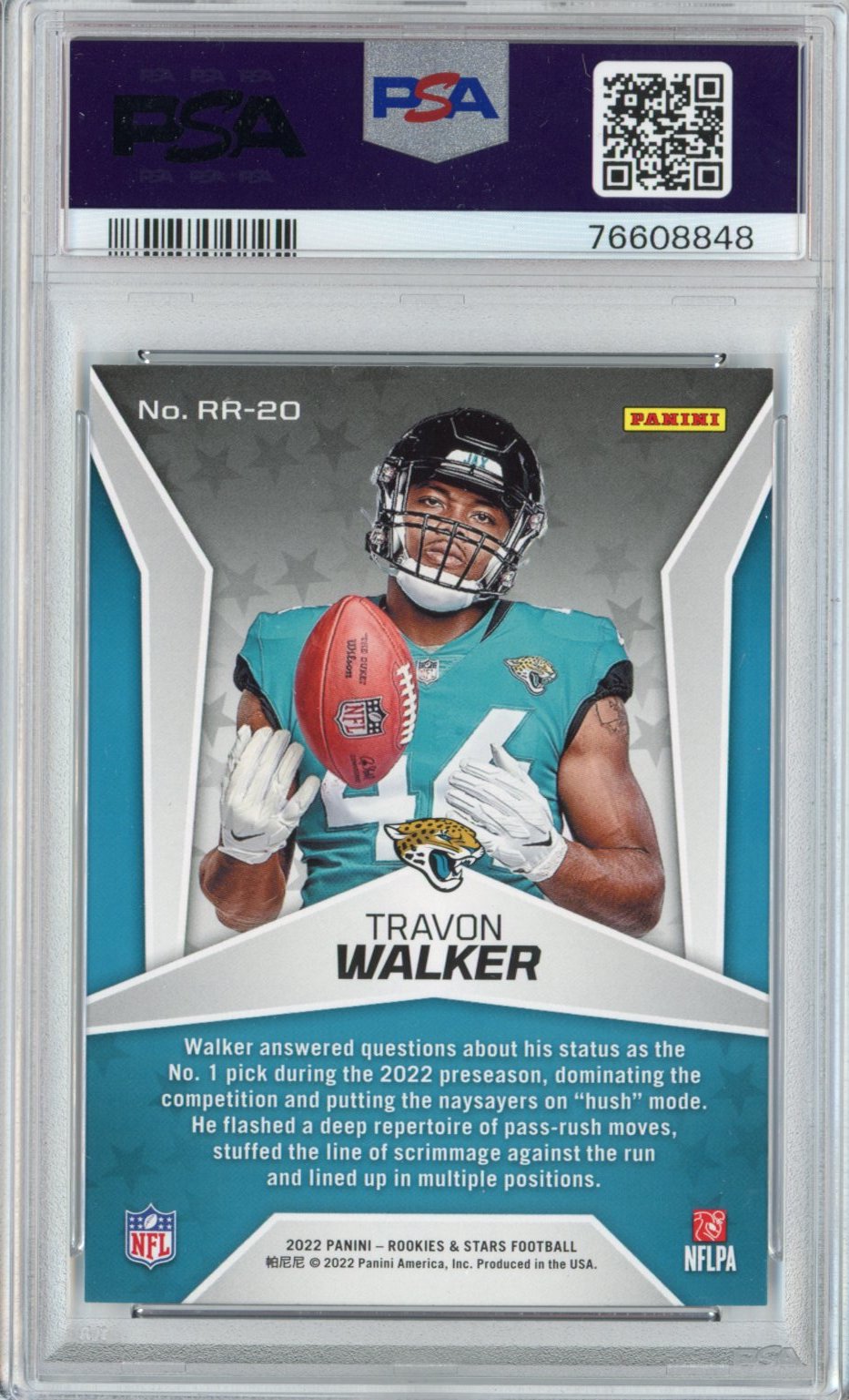Graded 2022 Panini Rookies & Stars Travon Walker #RR20 Rookie Rush RC Football Card PSA 10 Gem Mint