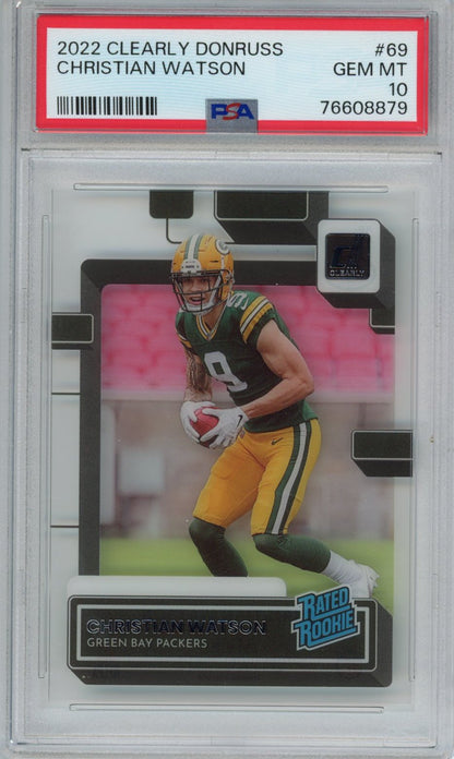 Graded 2022 Panini Clearly Donruss Christian Watson #69 Rookie RC Football Card PSA 10 Gem Mint
