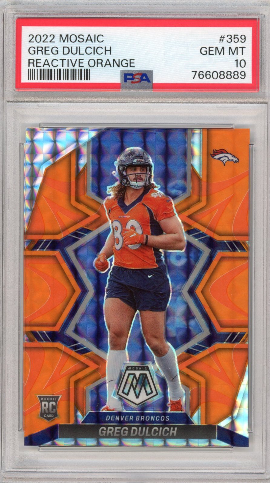 Graded 2022 Panini Mosaic Greg Dulcich #359 Reactive Orange Rookie RC Football Card PSA 10 Gem Mint