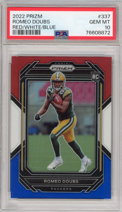 Graded 2022 Panini Prizm Romeo Doubs #337 Red White Blue Rookie RC Football Card PSA 10 Gem Mint