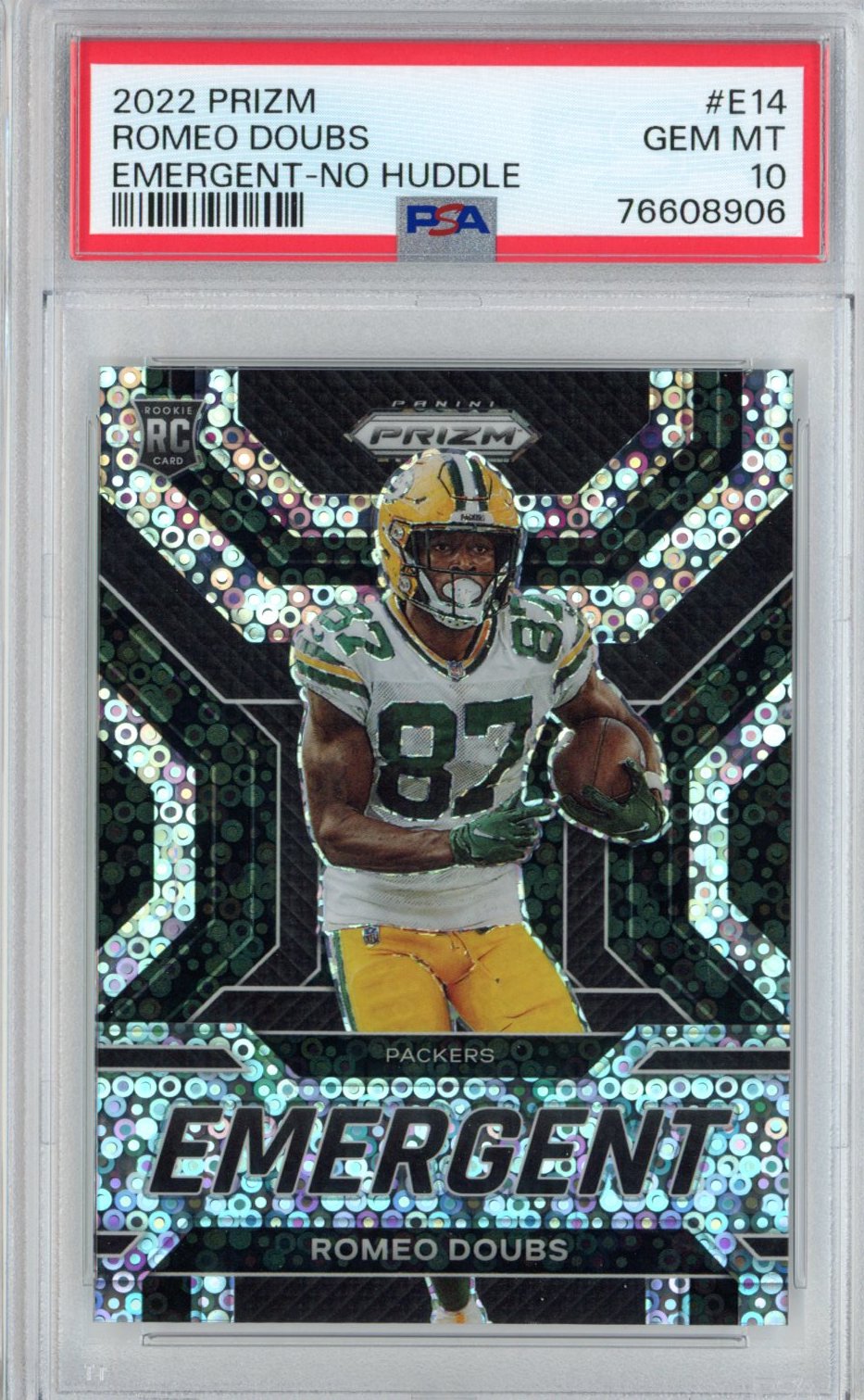 Graded 2022 Panini Prizm Romeo Doubs #E14 Emergent No Huddle Rookie RC Football Card PSA 10 Gem Mint