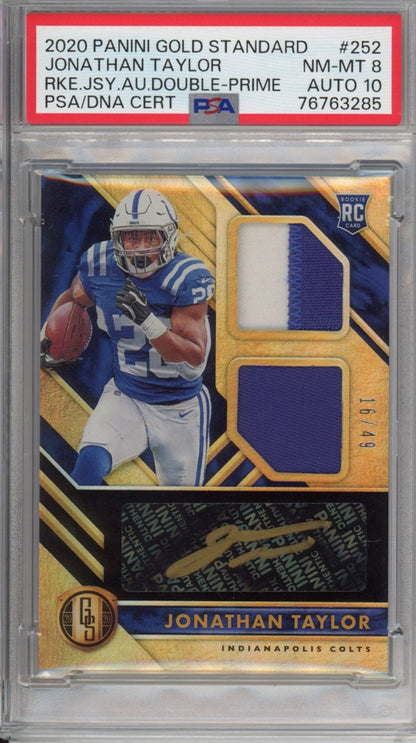 Graded 2020 Panini Gold Standard Jonathan Taylor #252 Double Prime Jersey Rookie RC Football Card PSA 8 Auto 10