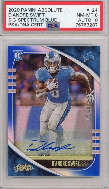 Graded 2020 Panini Absolute D'Andre Swift #124 Sig Spectrum Blue #/30 Rookie RC Football Card PSA 8 Auto 10