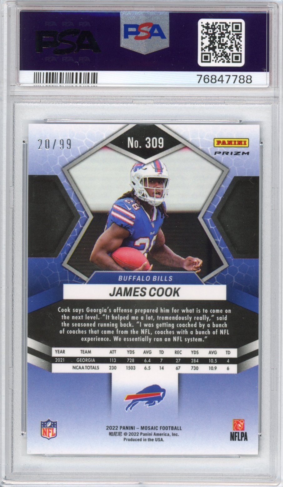 Graded 2022 Panini Mosaic James Cook #309 Blue #/99 Rookie RC Football Card PSA 10 Gem Mint
