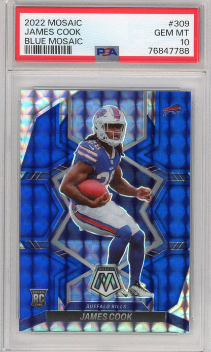 Graded 2022 Panini Mosaic James Cook #309 Blue #/99 Rookie RC Football Card PSA 10 Gem Mint