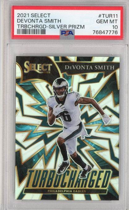 Graded 2021 Panini Select Devonta Smith #TUR11 Turbocharged Silver Prizm Rookie RC Football Card PSA 10
