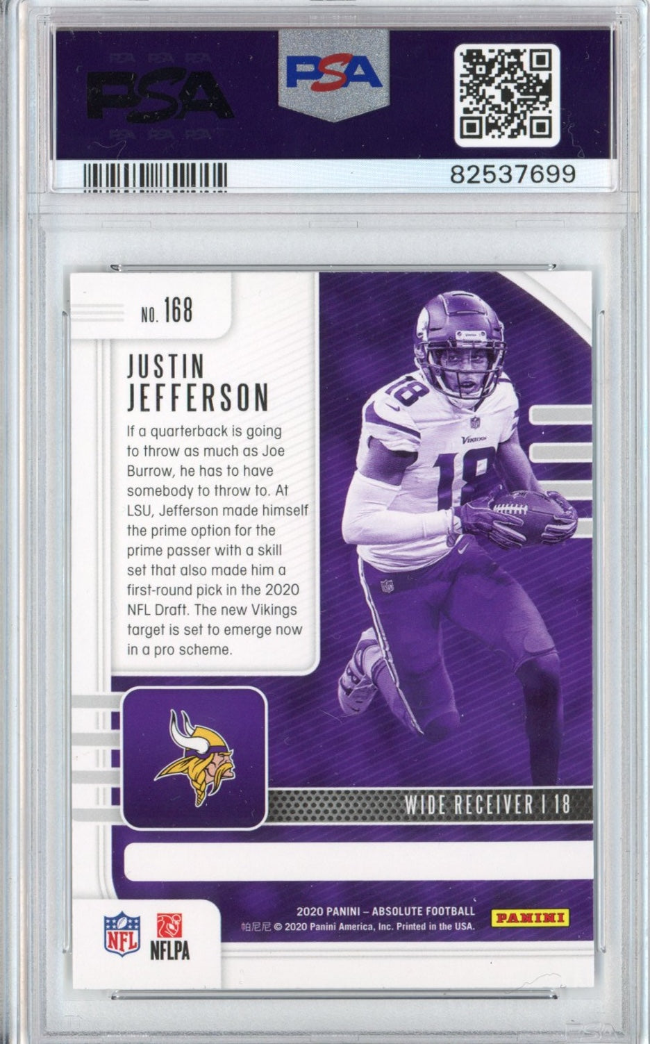 Graded 2020 Panini Absolute Justin Jefferson #168 Rookie RC Football Card PSA 9 Mint