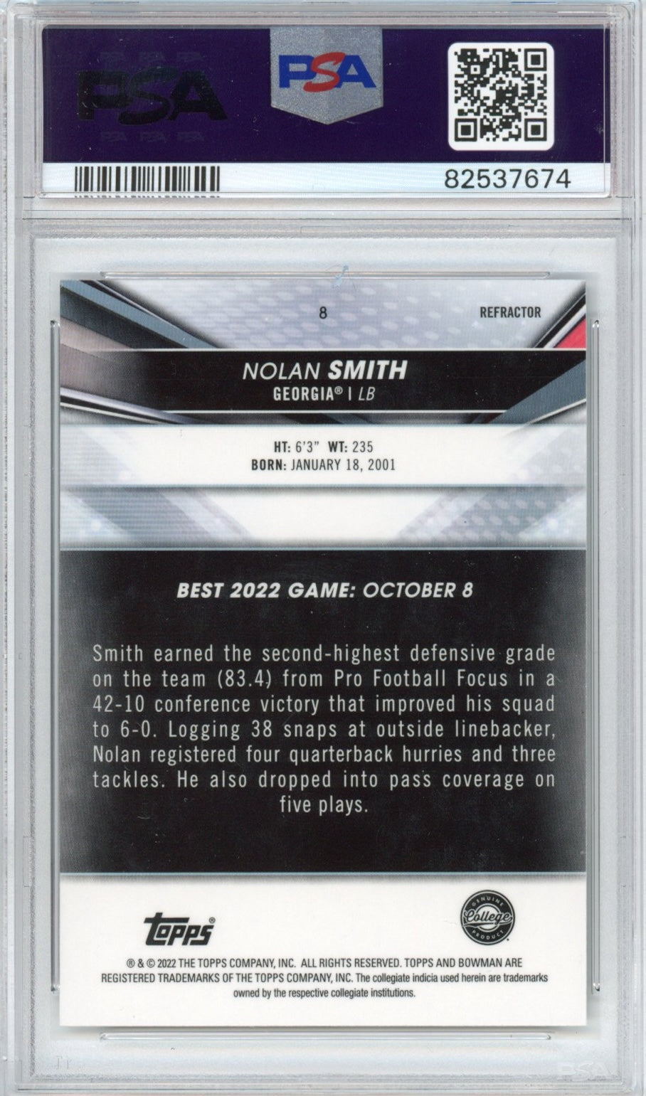Graded 2022 Bowman Best University Nolan Smith #8 Refractor Rookie RC Football Card PSA 9 Mint