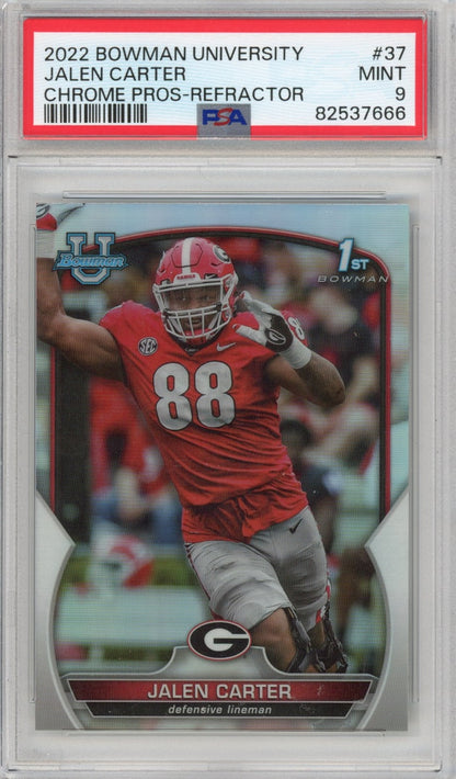 Graded 2022 Bowman University Jalen Carter #37 Chrome Refractor Rookie RC Football Card PSA 9 Mint