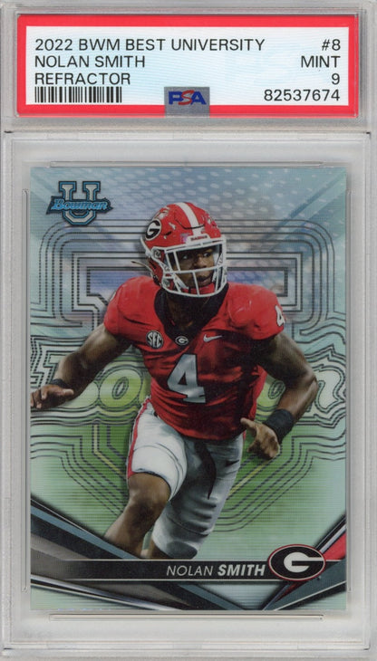Graded 2022 Bowman Best University Nolan Smith #8 Refractor Rookie RC Football Card PSA 9 Mint