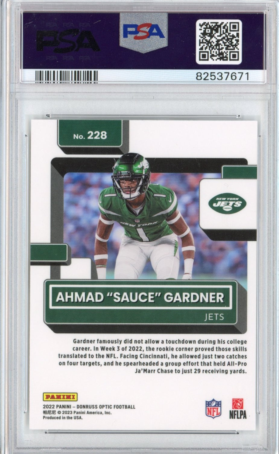 Graded 2022 Panini Donruss Optic Ahmad Sauce Gardner #228 Rookie RC Football Card PSA 10 Gem Mint