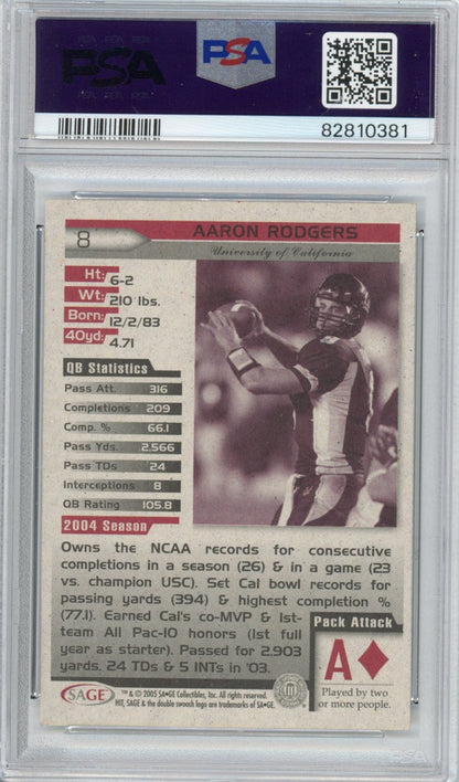 Graded 2005 Sage SA-GE Hit Aaron Rodgers #8 Rookie RC Football Card PSA 9 Mint