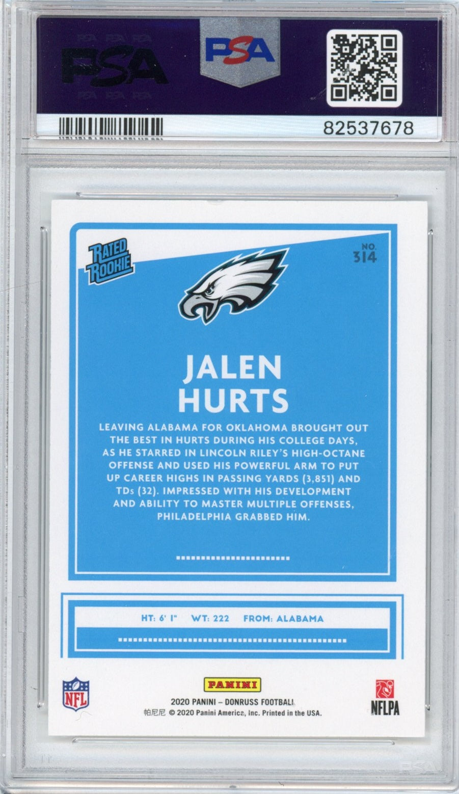 Graded 2020 Panini Donruss Jalen Hurts #314 Rookie RC Football Card PSA 8 Mint