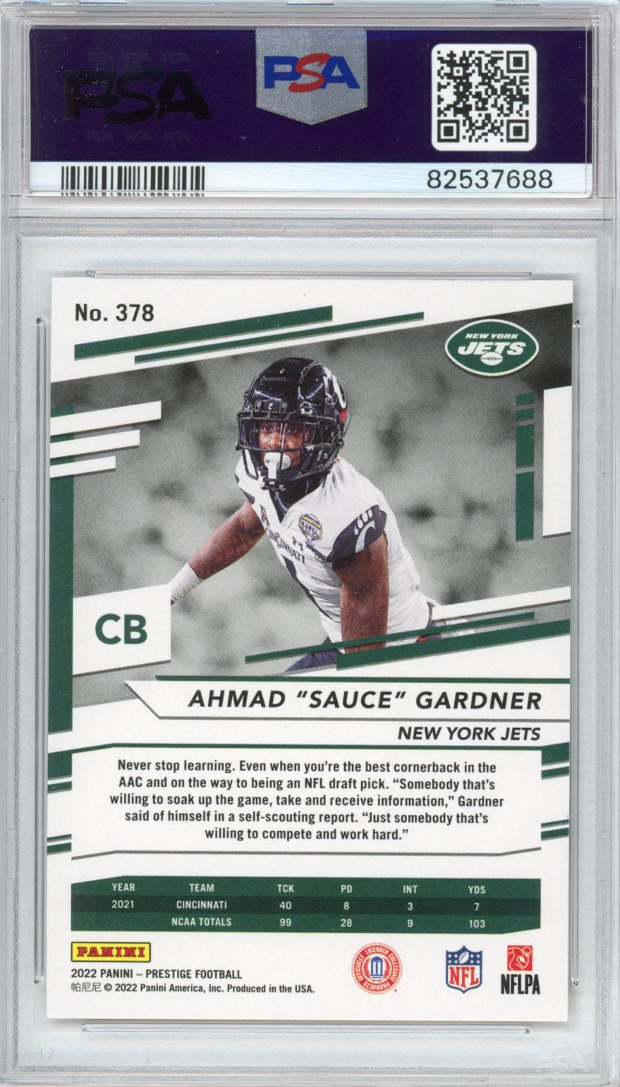 Graded 2022 Panini Prestige Ahmad Sauce Gardner #378 Rookie RC Football Card PSA 8 Mint