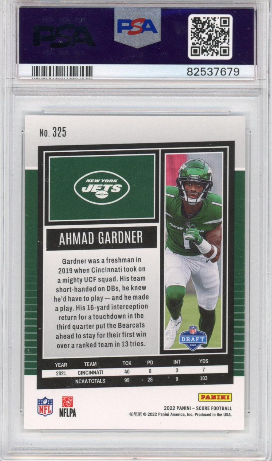 Graded 2022 Panini Score Ahmad Sauce Gardner #325 Rookie RC Football Card PSA 9 Mint