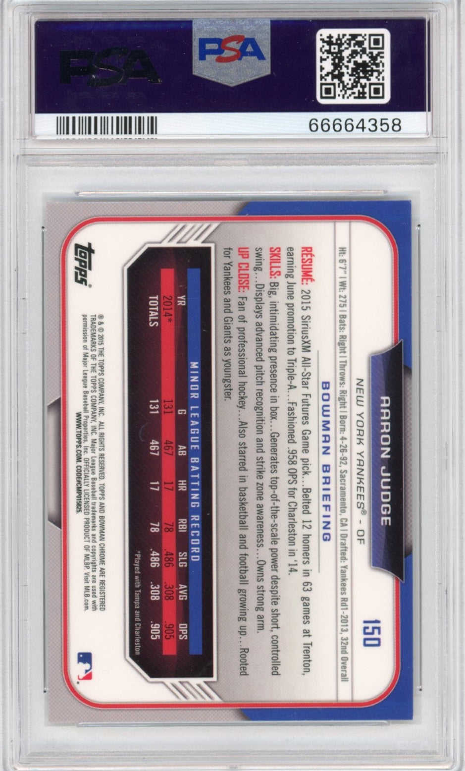 Graded 2015 Topps Bowman Draft Aaron Judge #150 Chrome Rookie RC Baseball Card PSA 10 Gem Mint