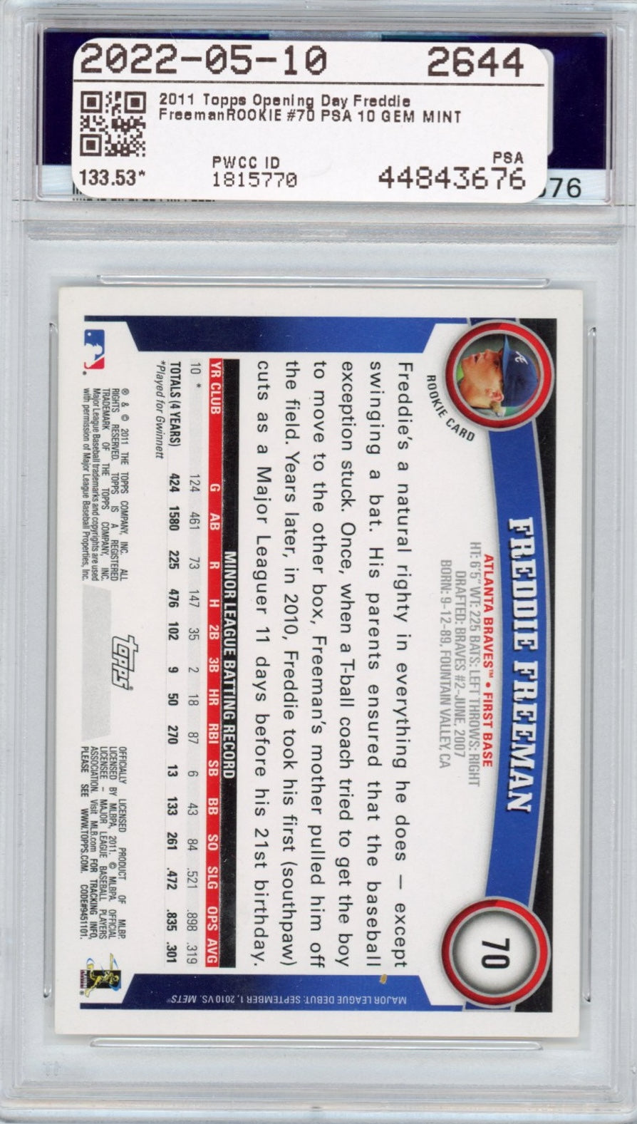 Graded 2011 Topps Opening Day Freddie Freeman #70 Rookie RC Baseball Card PSA 10 Gem Mint