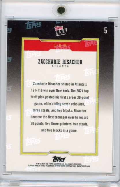 2024 Topps Now Zaccharie Risacher #5 Green #/99 Rookie RC Basketball Card