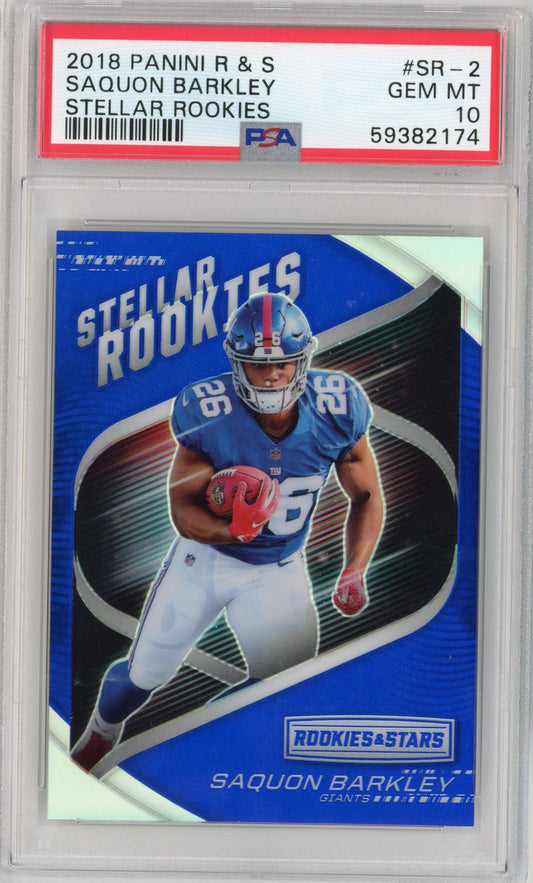 Graded 2018 Panini Rookies & Stars Saquon Barkley #SR-2 Stellar Rookies Rookie RC Football Card PSA 10 Gem Mint
