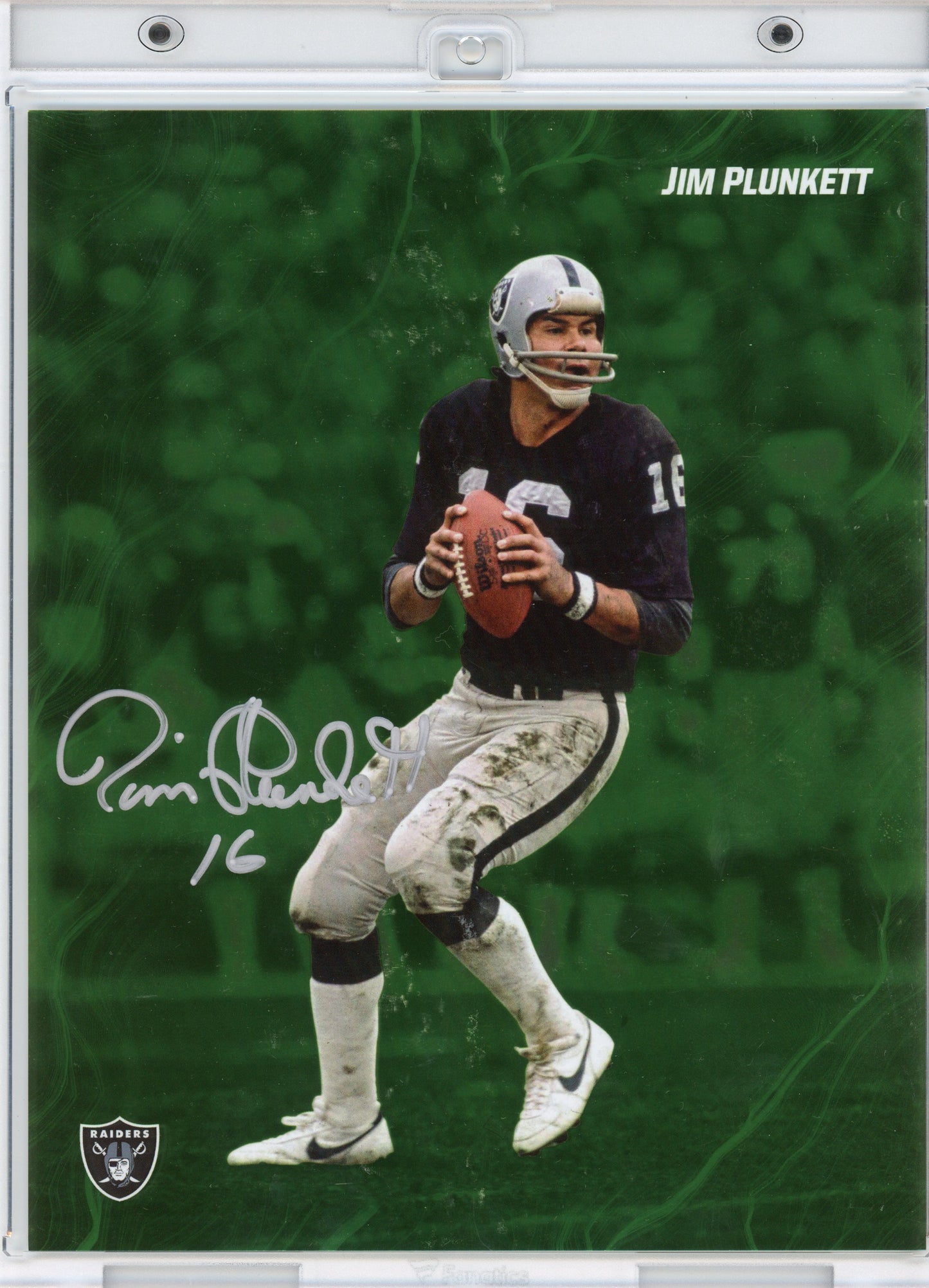 Autographed/Signed 2024 Under Wraps Emanate Jim Plunkett Oakland Raiders Green /99 8x10 Football Card Photo Fanatics COA