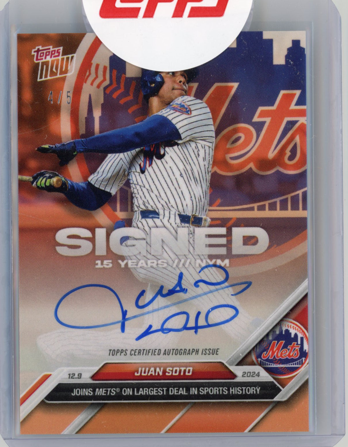 2025 Topps Now Juan Soto #OS8B Orange Auto /5 Signs Record Deal New York Mets Baseball Card