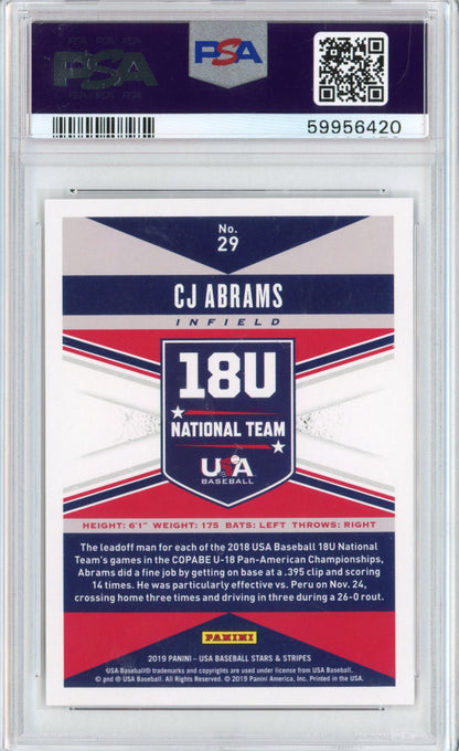 Graded 2019 Panini Stars & Stripes USA CJ Abrams #29 Longevity Base Rookie RC Baseball Card PSA 10 Gem Mint