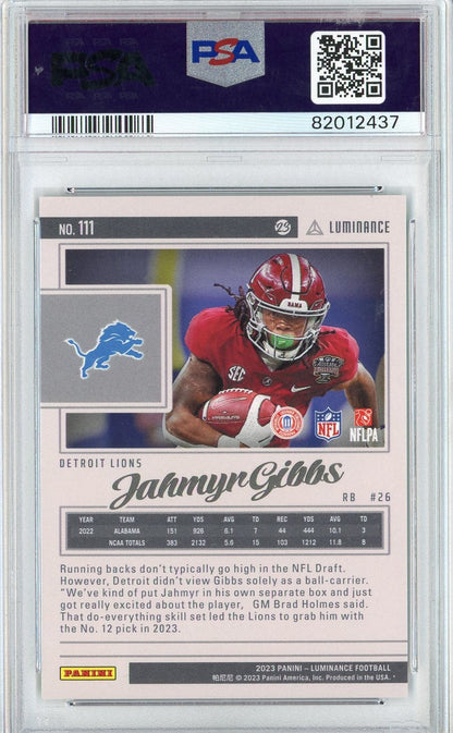 Graded 2023 Luminance Jahmyr Gibbs #111 Black Rookie RC Football Card PSA 10 Gem Mint