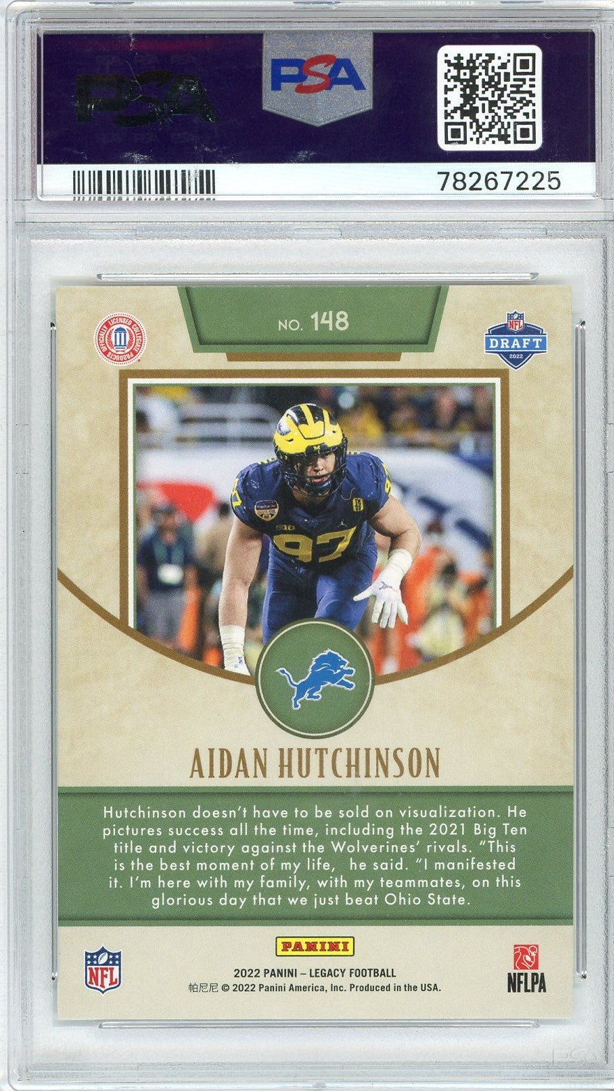 Graded 2022 Panini Legacy Aidan Hutchinson #148 Rookie RC Football Card PSA 10 Gem Mint