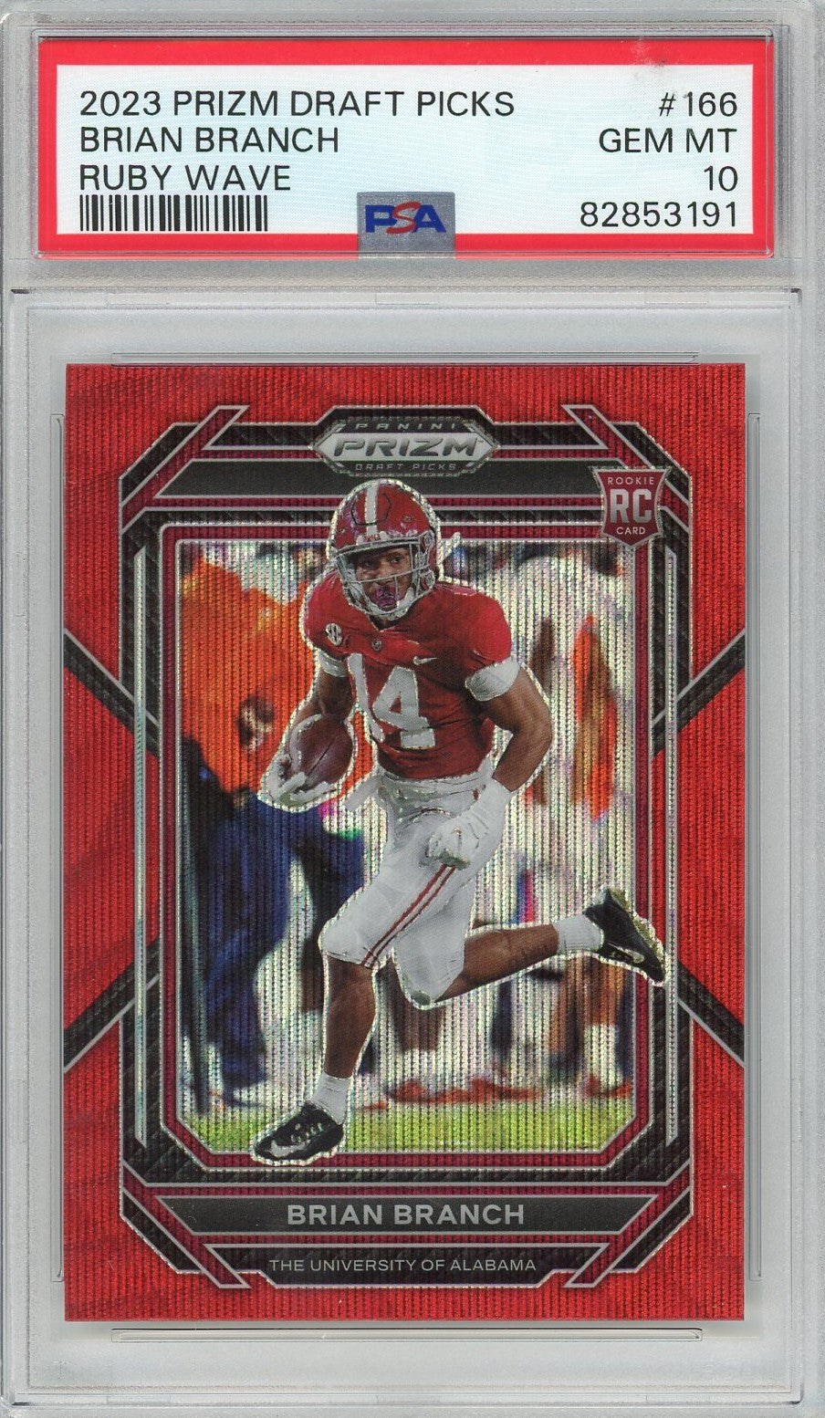 Graded 2023 Prizm DP Brian Branch #166 Ruby Wave Rookie RC Football Card PSA 10 Gem Mint