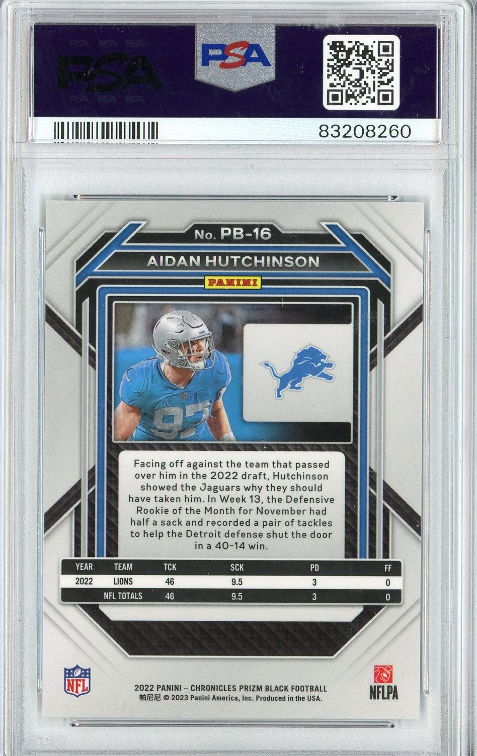 Graded 2022 Panini Chronicles Aidan Hutchinson #PB16 Prizm Black Rookie RC Football Card PSA 10