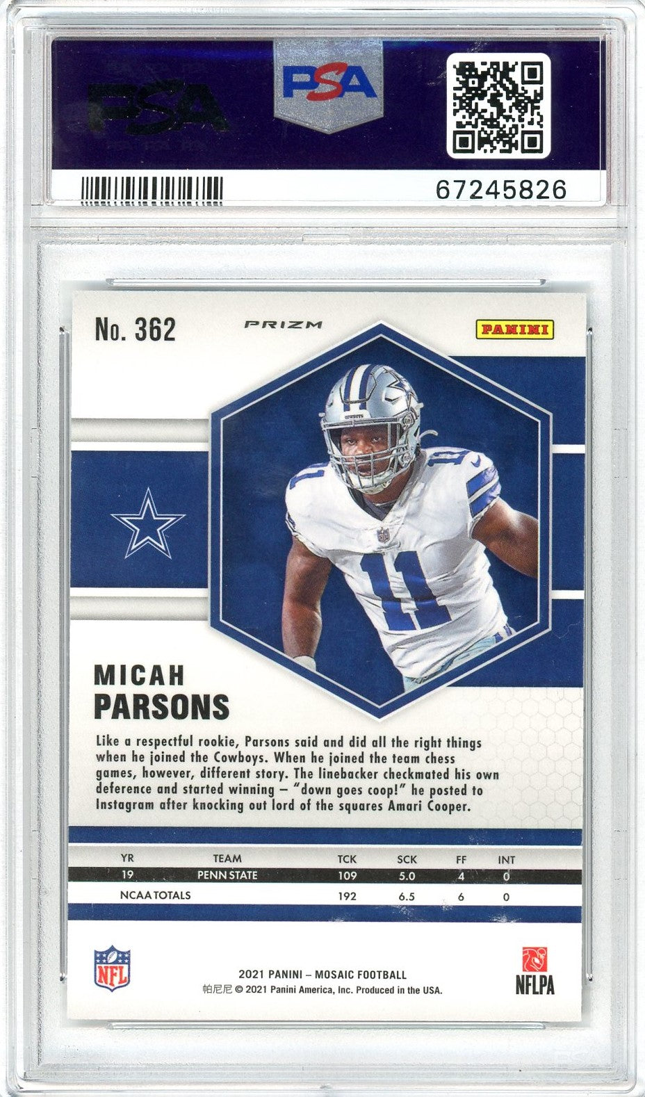 Graded 2021 Panini Mosaic Micah Parsons #362 Mosaic Rookie RC Football Card PSA 10 Gem Mint