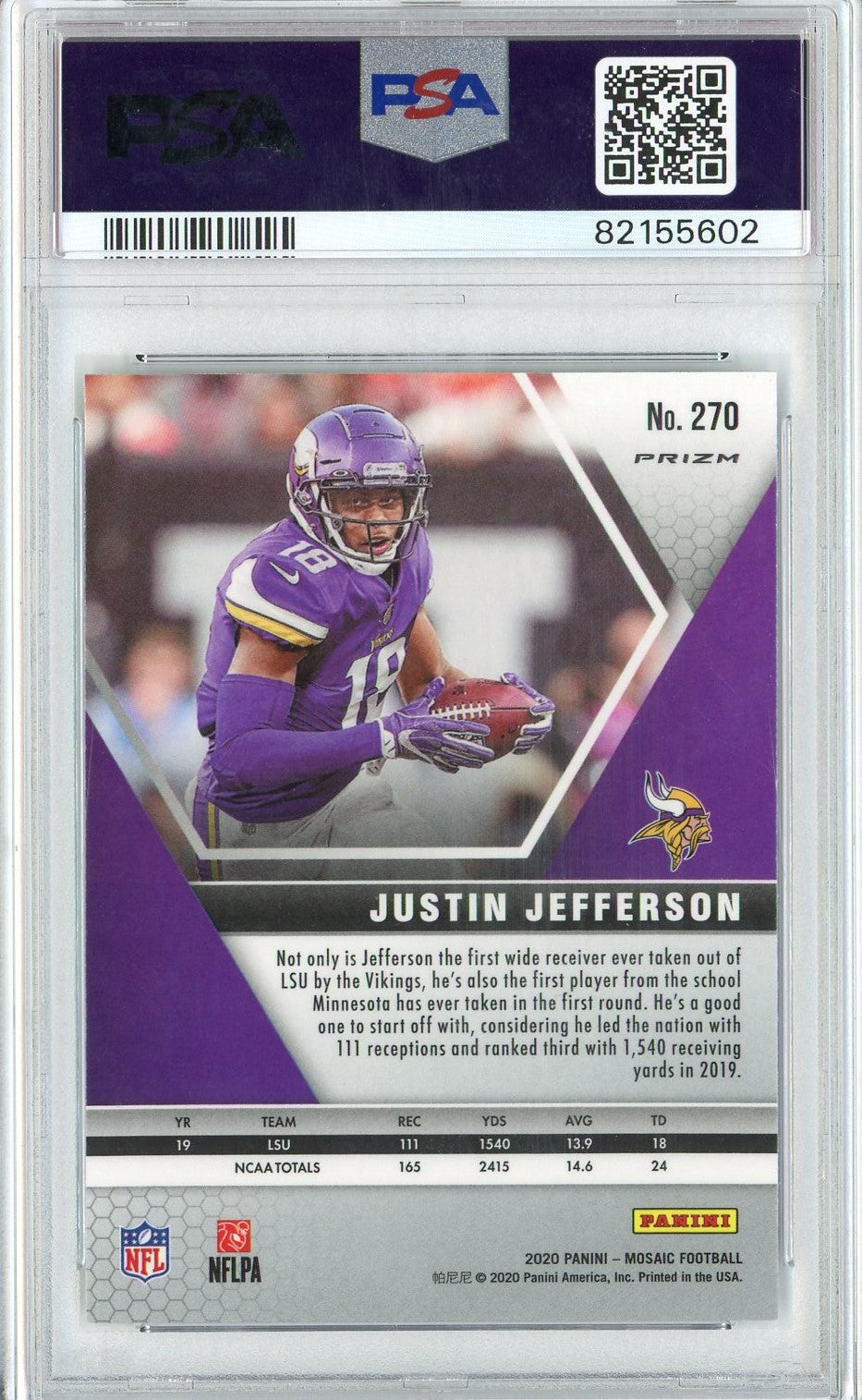 Graded 2020 Panini Mosaic Justin Jefferson #270 Silver Prizm Rookie RC Football Card PSA 10 Gem Mint