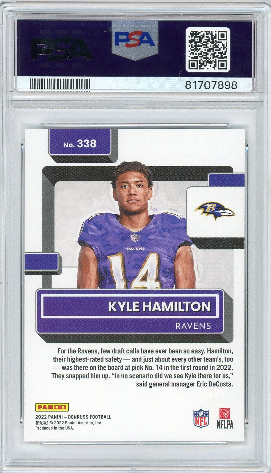 Graded 2022 Donruss Kyle Hamilton #338 Portrait Rookie RC Football Card PSA 10 Gem Mint